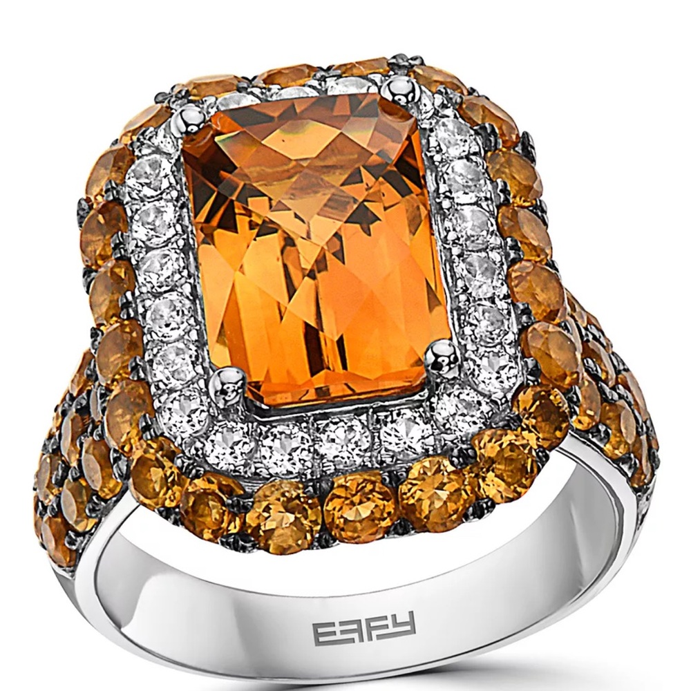 EFFY Sterling Silver 935 Orange Citrine and Diamond Ring SZ 7 New/Gift